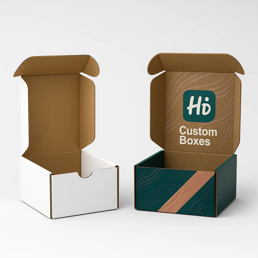 Mailer style cardboard packaging boxes with foldable flaps- One plain white box and one printed with Hi Custom Boxes branding in teal and copper with wave accents- class=
