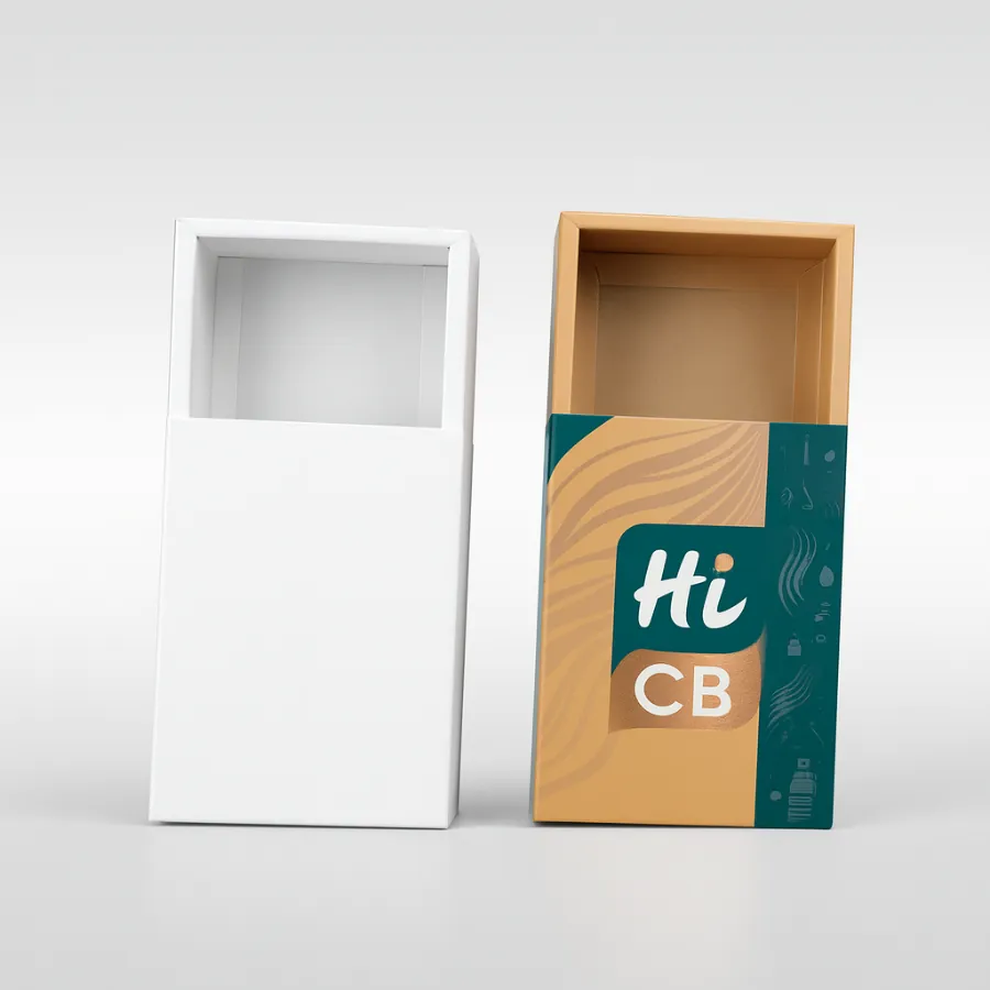Custom rectangular drawer-style box with pull tab- One plain white sample and one printed version with Hi CB branding in teal and golden color accents- class=