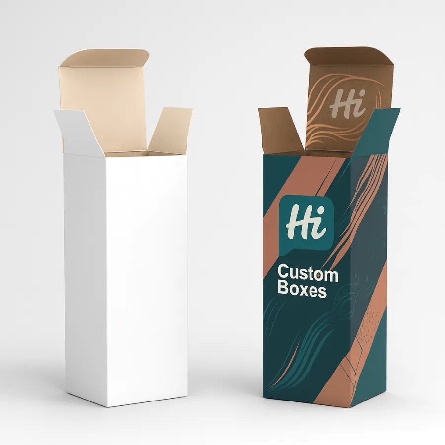 Tall tuck-end packaging boxes for hair or cosmetic products- One plain white box and one printed with Hi Custom Boxes branding in teal and copper diagonal design-