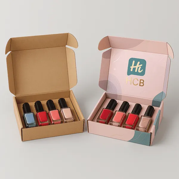 Custom gel nail polish boxes with inserts shown in kraft and printed styles for 5 bottle packaging class=