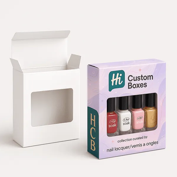 nail polish packaging boxes with window shown in blank and printed designs for polish sets class=