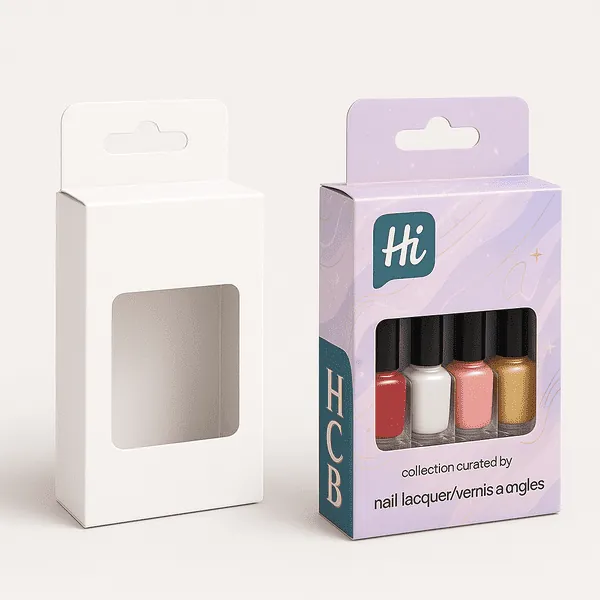 Custom nail polish set packaging with hang tab and window shown in plain and printed retail styles class=