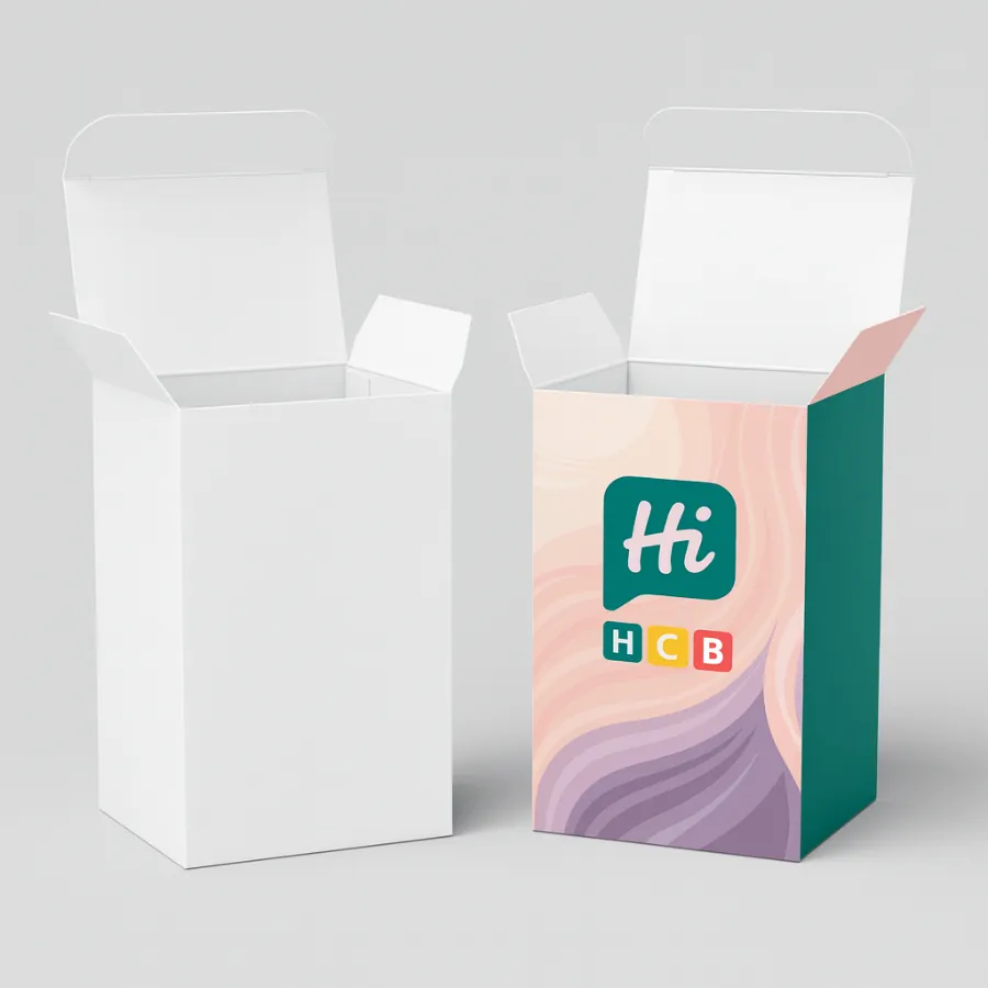 Custom shampoo boxes with pastel abstract design- featuring HCB branding- shown open and closed-