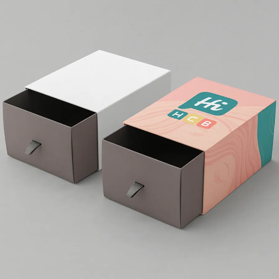 Luxury custom shampoo drawer boxes with ribbon pull tab- plain white and printed design version side by side- class=