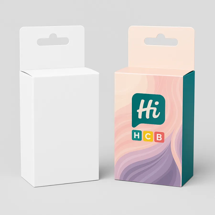 Wholesale shampoo boxes with hanging tab design- plain white and branded version displayed side by side- class=