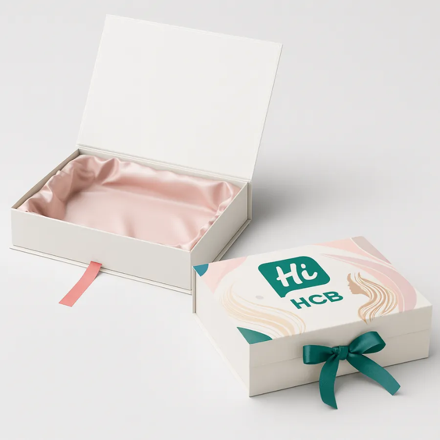 Luxury rigid flip-top box with pastel interior- plain version on the left and printed version on the right with HCB logo and decorative wave design- class=