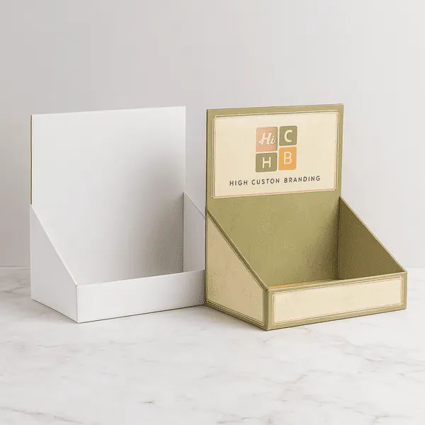 Two upright display boxes one plain white and one custom printed with cream floral design and HCB  class=