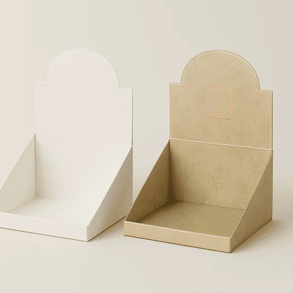 Two empty display boxes one in plain white and the other in kraft style board with floral patterns and HCB logo  class=