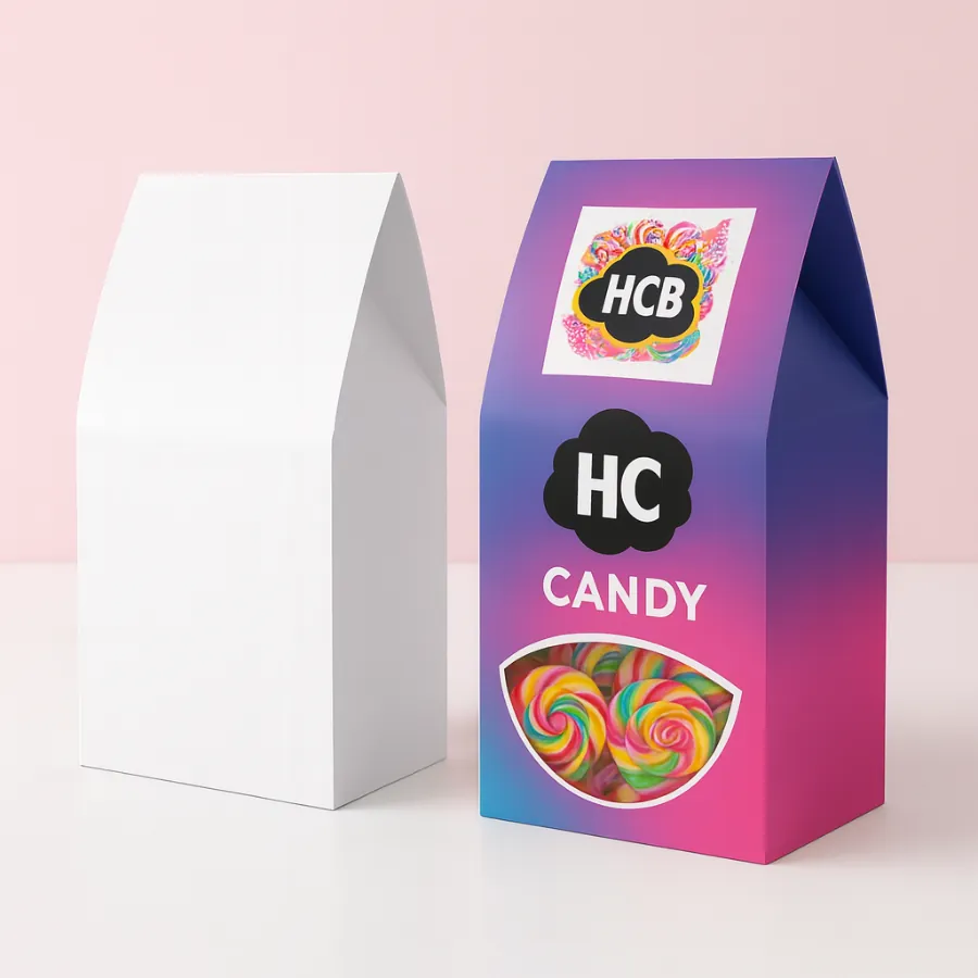 Two tall- curved-top bag-style boxes for candy- one plain white and one with a vibrant gradient design and a window showing lollipops- class=