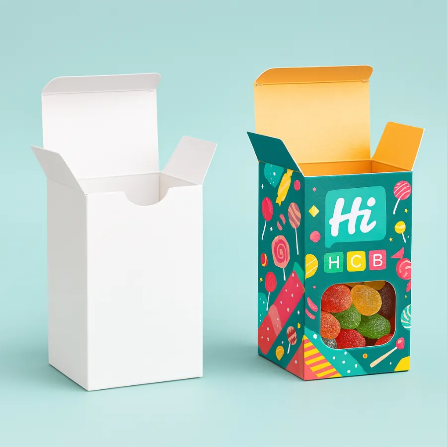 Two tall tuck-top boxes for candy- one open plain white and one open in a colourful design- showing gummy sweets through the front window-