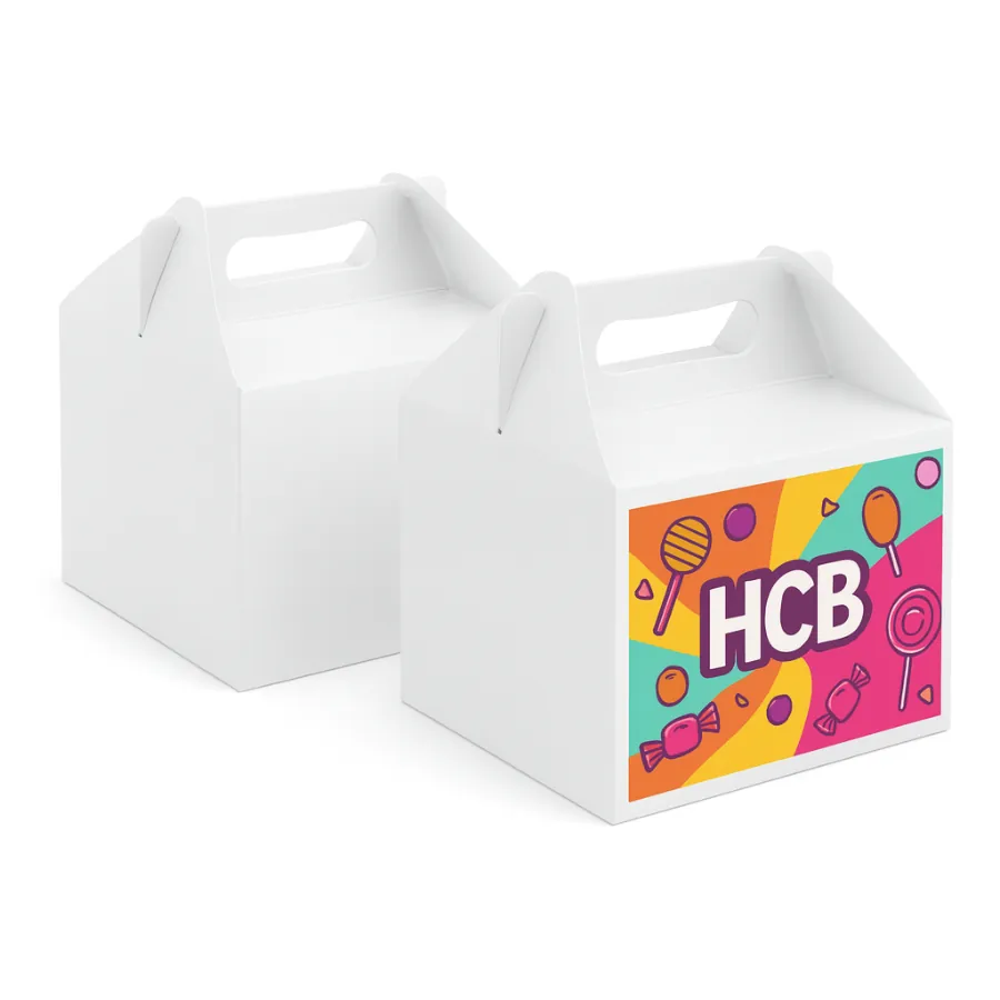 Two gable-top candy gift boxes with handles- one plain white and one printed with a colourful -HCB- logo and candy graphics- class=
