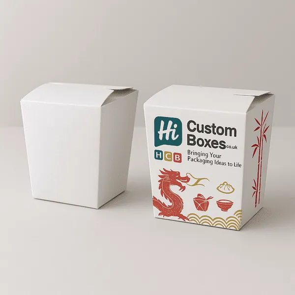 Minimal white Chinese takeaway box with bold red dragon print and colourful HCB logo panel class=