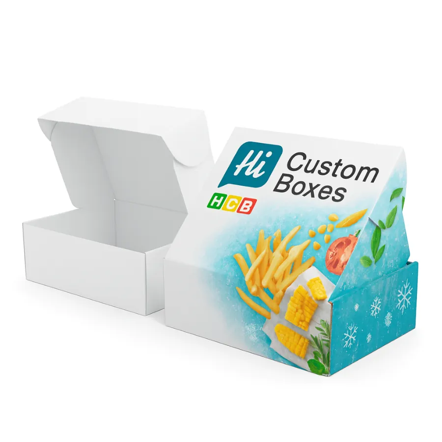 Bespoke white and branded mailer-style boxes for frozen food- one featuring a display stand-up- class=