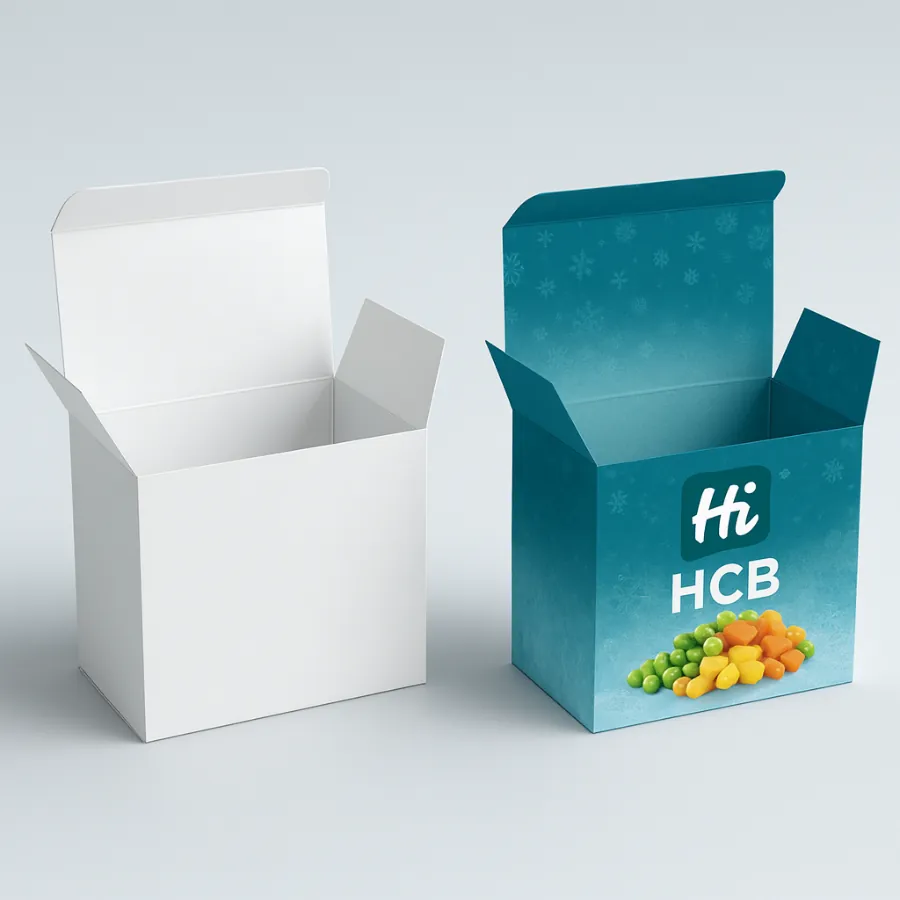 Two square- open straight tuck end boxes for frozen vegetable packaging- class=