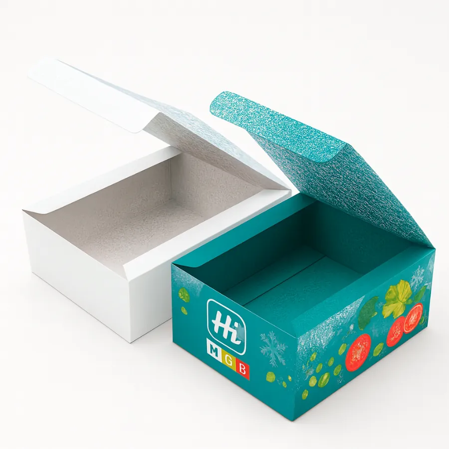 White and branded custom mailer boxes- open- showing printing for frozen food packaging- class=