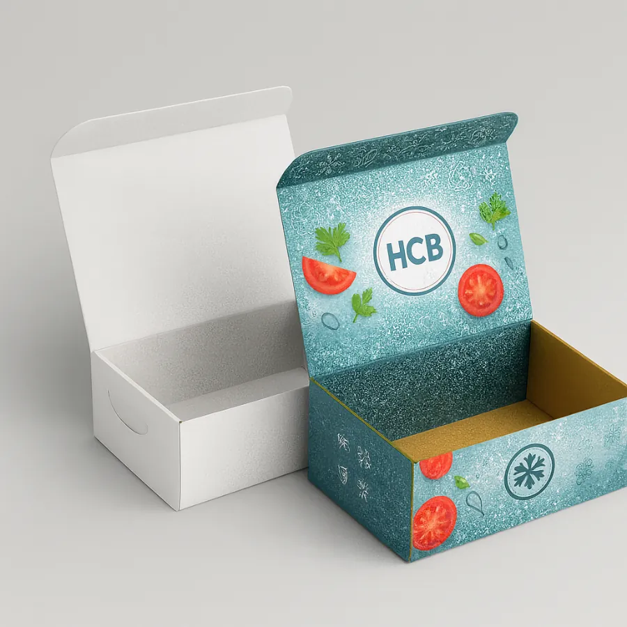  Open- printed freezer-safe boxes with tuck flaps- showing a blue and red tomato design- class=