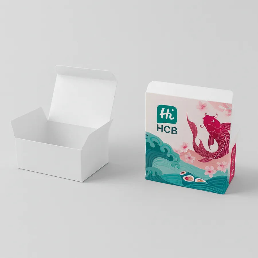 Custom sushi box with ocean wave and koi fish design- decorated in pink and teal with HCB branding-