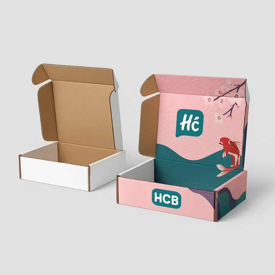 Colorful custom sushi mailer boxes with koi fish and cherry blossom artwork- branded with HCB logo- class=