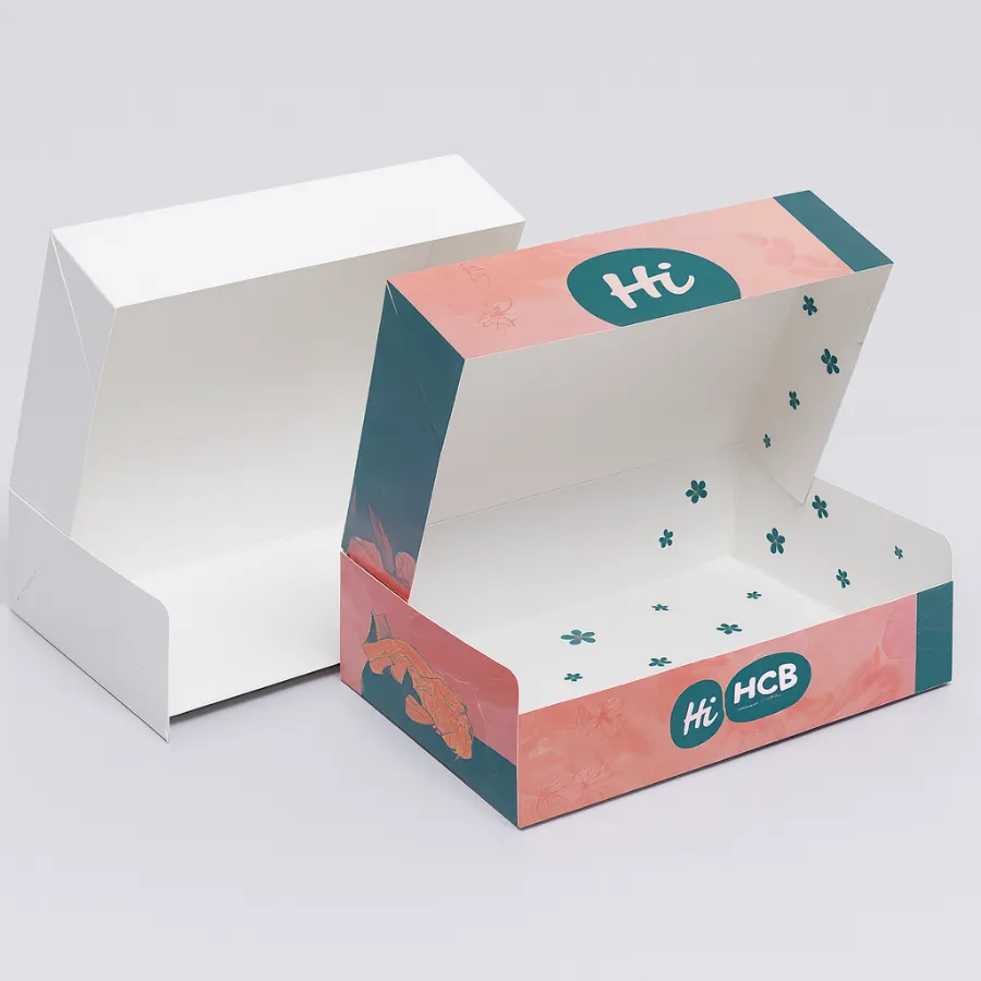 Custom printed sushi packaging boxes with floral and fish designs- showcasing Hi HCB branding class=