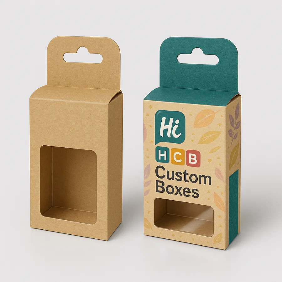 Custom kraft boxes with window cut-outs and hang tab- featuring natural brown paperboard and colourful printed branding- class=