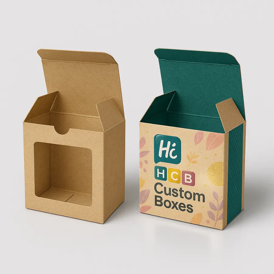 Kraft packaging boxes with front cut window design- plain and custom printed options for retail and sustainable product display- class=