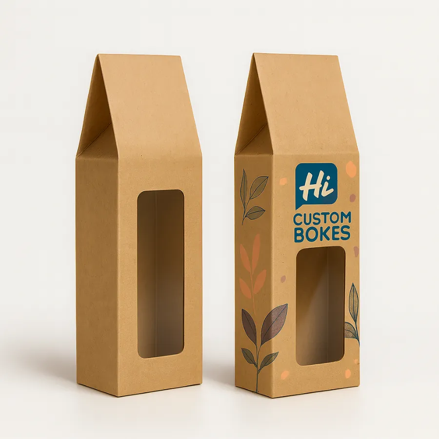 Plain and custom printed tall kraft window boxes with a clear cut-out front- ideal for eco-friendly retail product packaging- class=