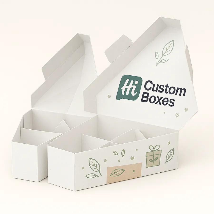 Custom triangular kraft boxes open- showing white interior dividers for multiple small products- printed with green logo and leaf designs- class=