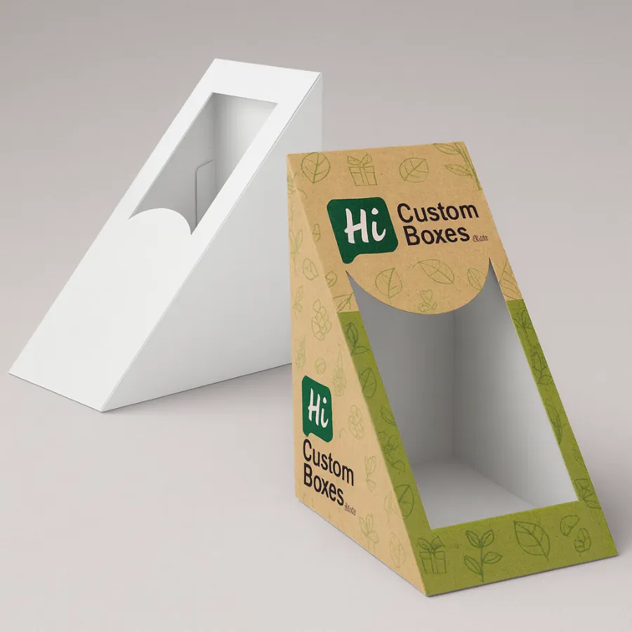 Custom triangular kraft boxes with windows- one in white and one in tan with green printed logo and leaf patterns- ideal for food or small retail- class=