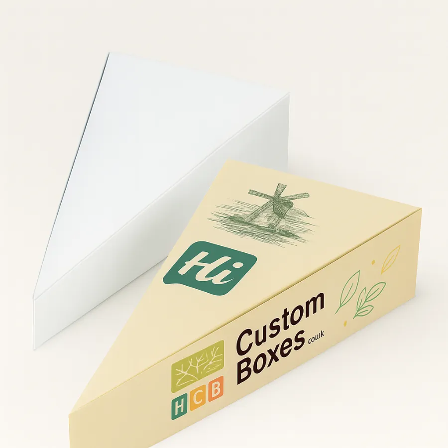 Triangular kraft packaging boxes- one in plain white and one in custom-printed tan with a green logo and windmill sketch- angled together-