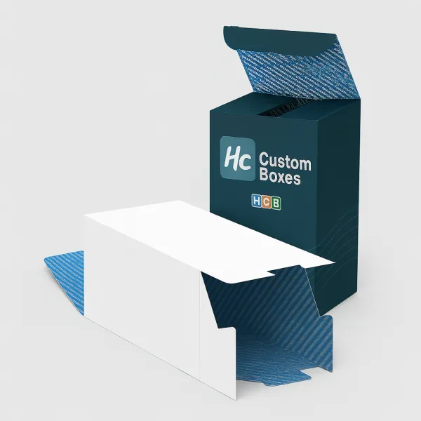 Open folding carton box with blue interior and branding next to its flat layout