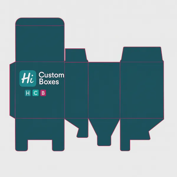 Flat dieline design in teal with fold marks and Hi Custom Boxes logo class=