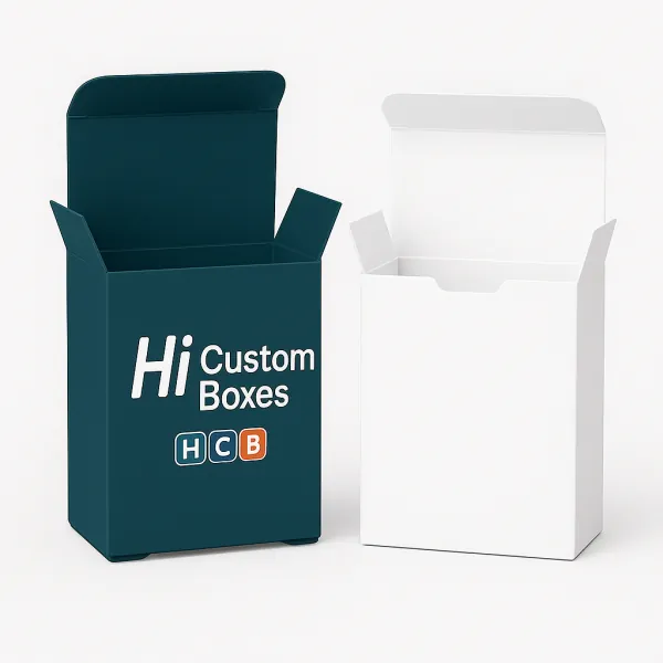Open tuck top boxes one white one teal with Hi Custom Boxes and HCB logo class=