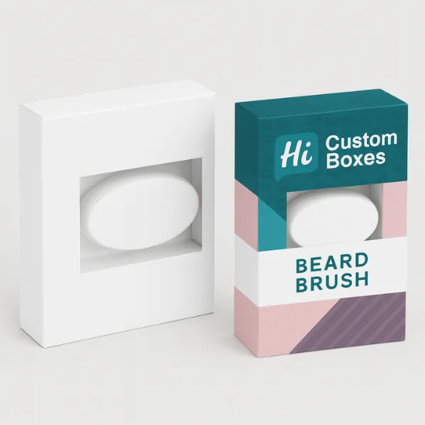 Custom beard brush box with window cut-out- showcasing wooden beard brush inside premium retail packaging- class=