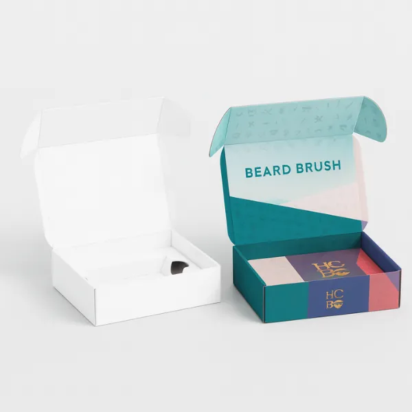 Custom mailer style beard brush box with inner insert- durable packaging for beard brush and grooming kits- class=