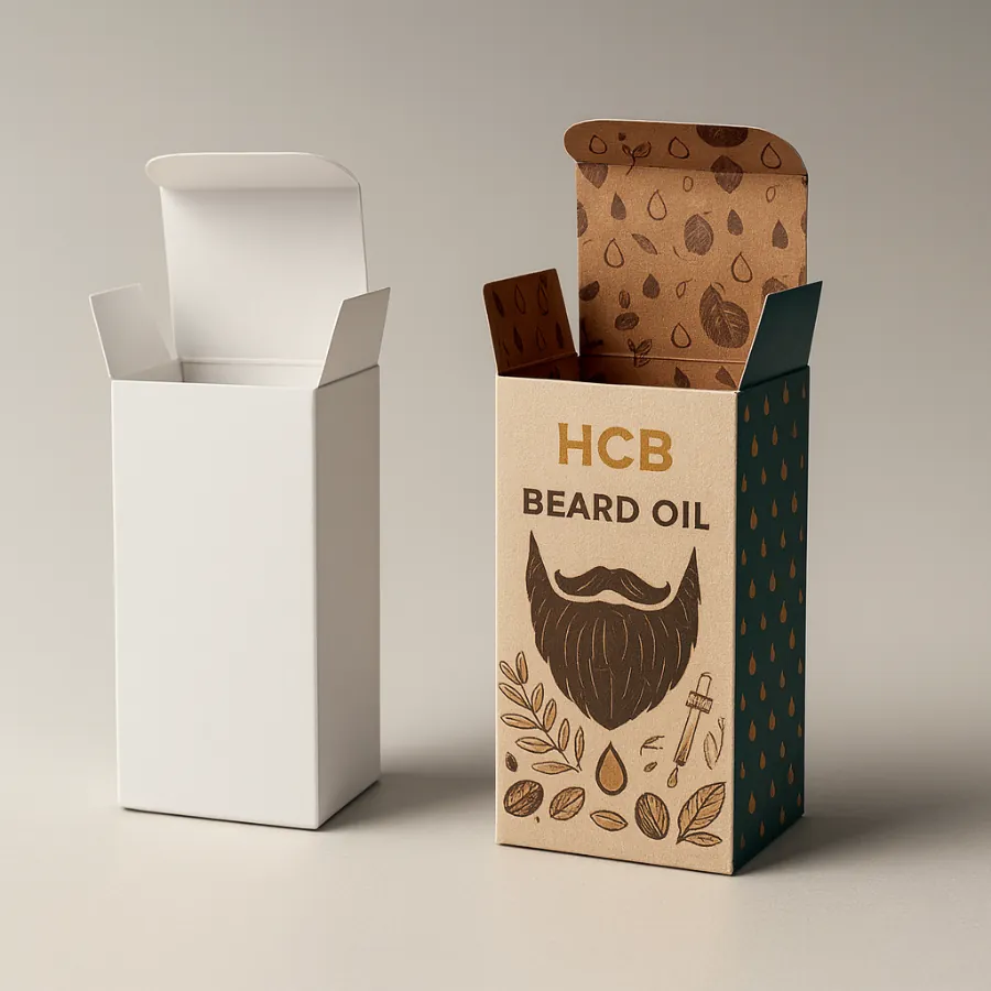 Custom beard oil packaging box with tuck top design- showing a plain white version and a branded version featuring beard illustration- leaves- and oil droplet graphics with HCB Beard Oil text