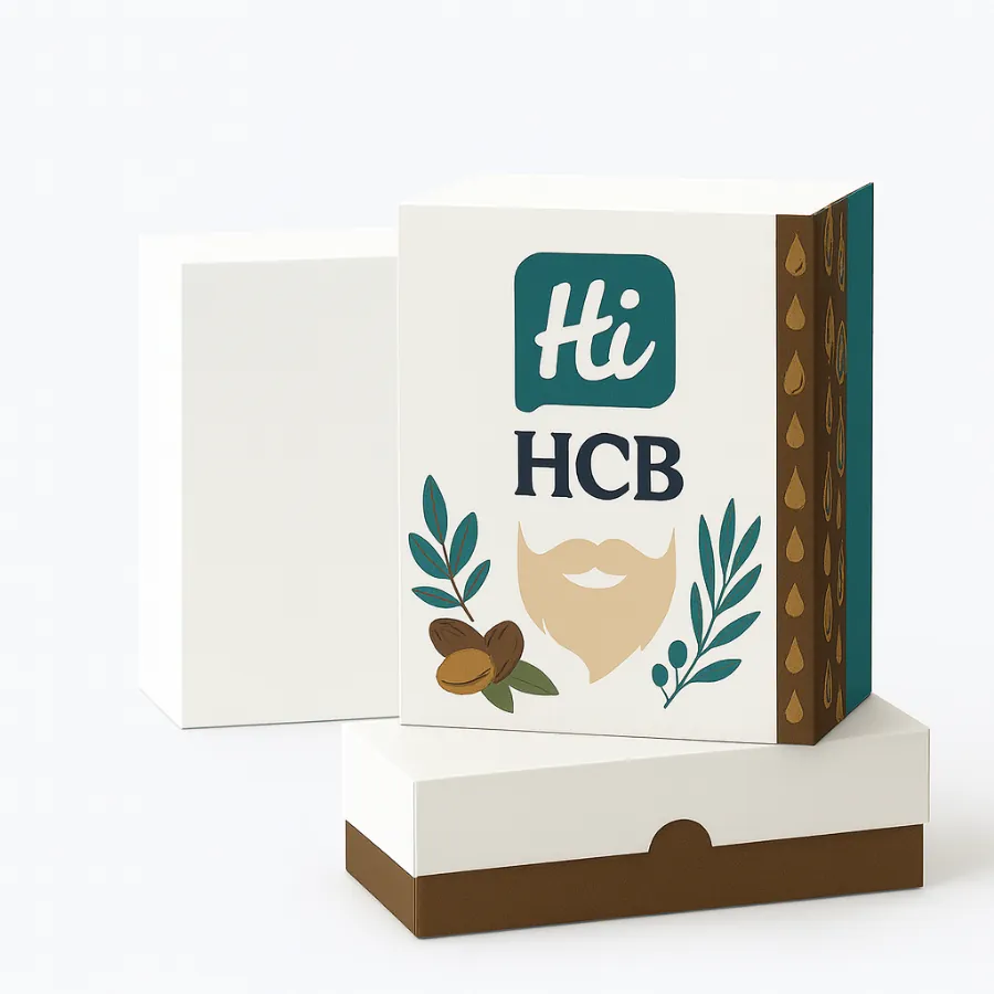 Custom beard oil rigid drawer packaging box- shown in plain white and branded versions with Hi HCB logo- beard illustration- and natural ingredient graphics on the printed design- class=
