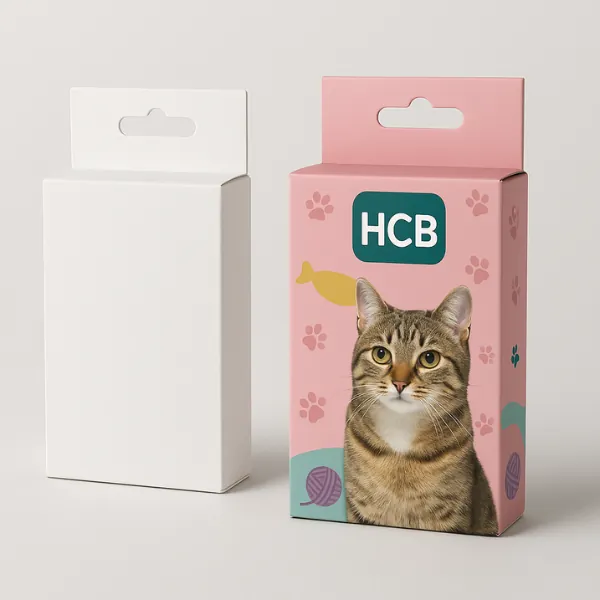 Hanger-tab cat treat boxes - one plain white- one printed with a brown tabby cat- pink background with paw prints- fish and yarn icons- teal panel- and HCB logo- class=