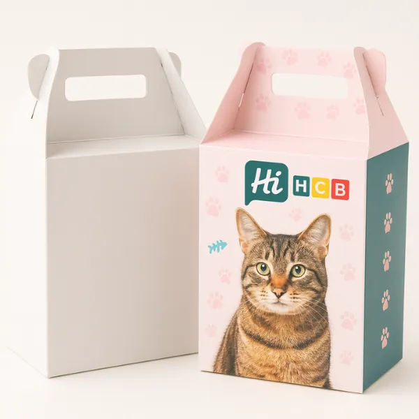 Handle-style cat treat gable boxes - one plain white- one printed with a brown tabby cat- pink and teal panels- pastel paw prints- fish icon- and HCB logo- class=