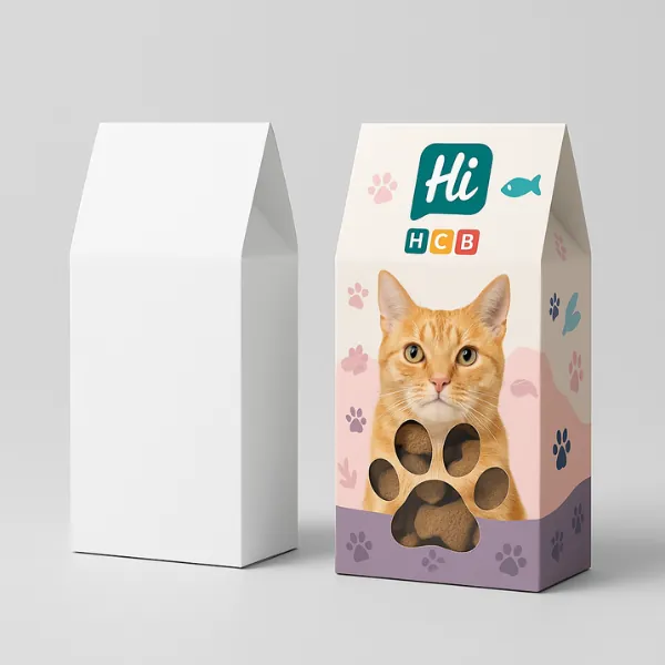 Gable-top cat treat boxes - one plain white- one printed with an orange cat- pastel paw prints- fish icon- and HCB logo with a paw-shaped window showing treats inside-