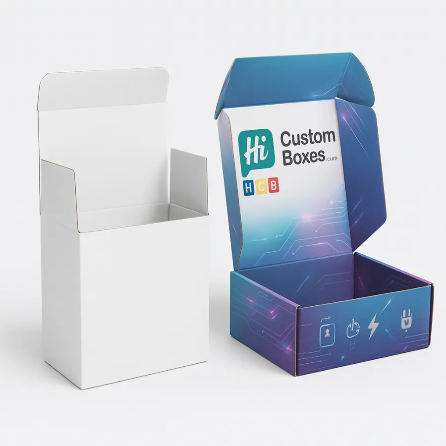 Mailer-style electronic product box- shown in plain white and a branded version with -Hi Custom Boxes- logo- circuit board graphics- and colorful tech icons- suitable for gadgets or accessories- class=