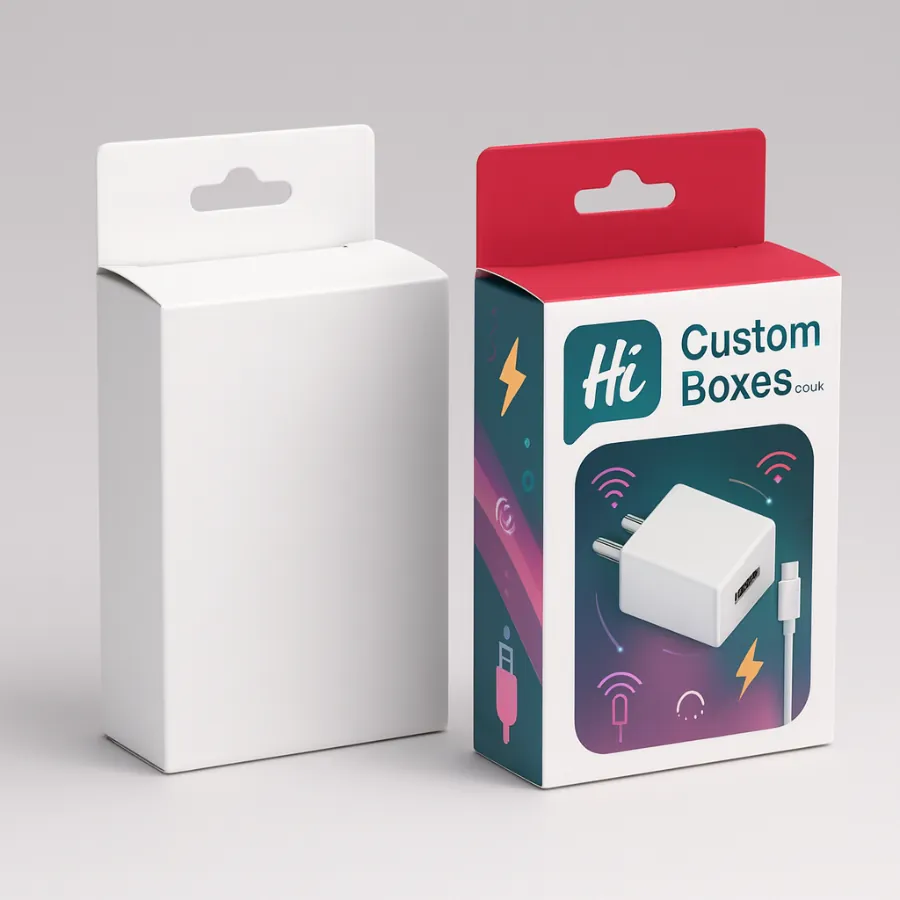 Custom electronic packaging box with hanging tab- shown in plain white and a printed version featuring a phone charger design- -Hi Custom Boxes- branding- and colorful icons for power- USB- and WiFi- class=