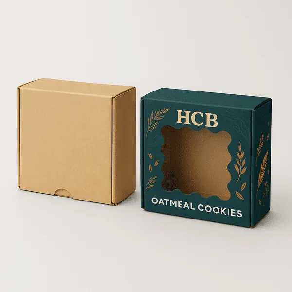 Two square cookie boxes one plain kraft and one custom printed dark green with a scalloped window and HCB Oatmeal Cookies class=