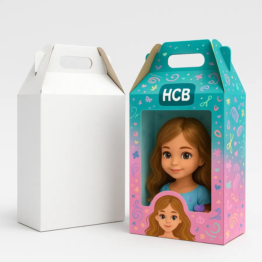 Gable-style carry box with handle and large clear window- illustrated- kid-themed graphics and -HCB- logo presenting a smiling doll inside- class=