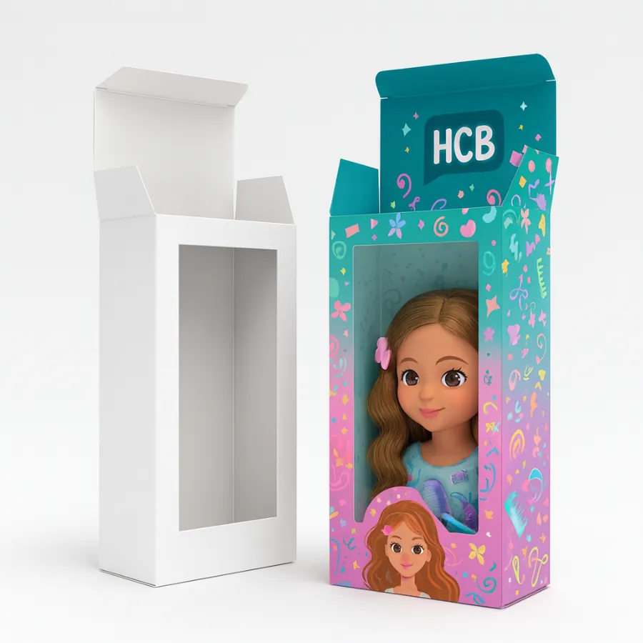 Bright teal-and-pink gradient window box with playful icons and -HCB- branding- displaying a brunette doll head-and-shoulders behind a clear front panel-