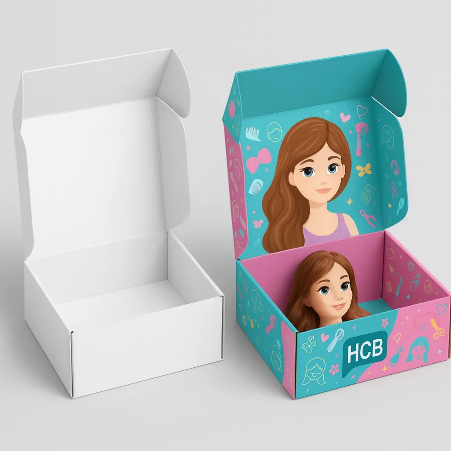 Mailer-style gift box opened to reveal colorful interior printing and a doll nestled inside- a plain white comparison mailer sits beside it- class=