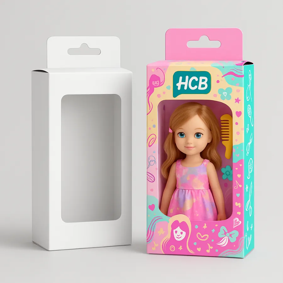 Two retail window boxes with hang tabs-one plain white- one colorful-showcasing a small doll in a pink dress with accessories visible through the front window- class=