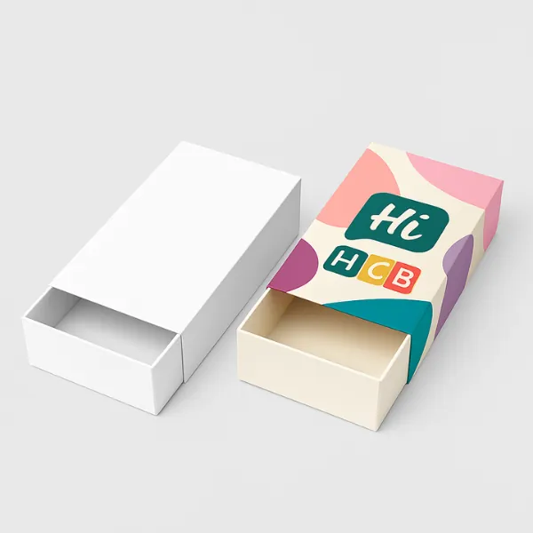 Sliding drawer-style folding boxes - one plain white- one colorful with Hi HCB logo print- class=