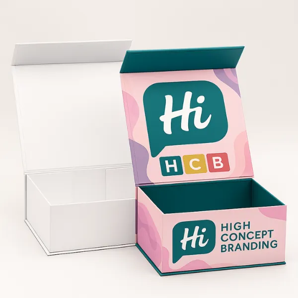 Premium rigid folding boxes - one plain- one pink and purple with Hi logo and teal interior-