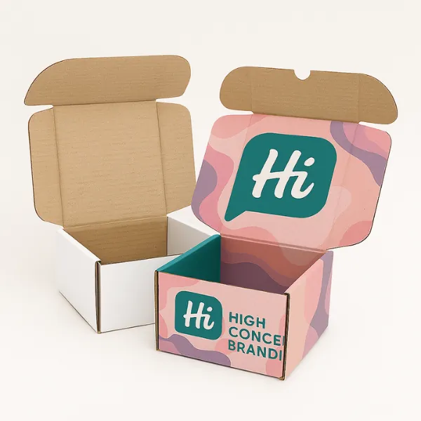 Corrugated folding boxes - one plain inside- one pink and purple with Hi logo and branding- class=