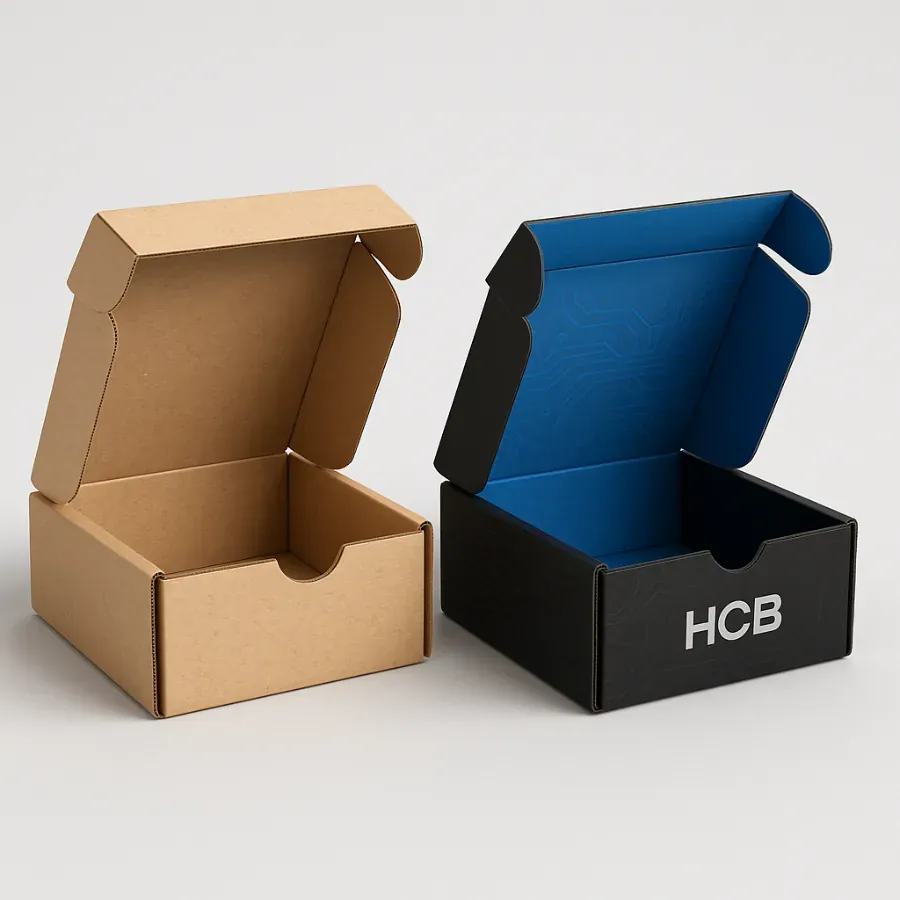 Open custom cardboard battery packaging boxes- featuring a plain brown kraft style and a black box with a vibrant blue interior and -HCB- logo class=